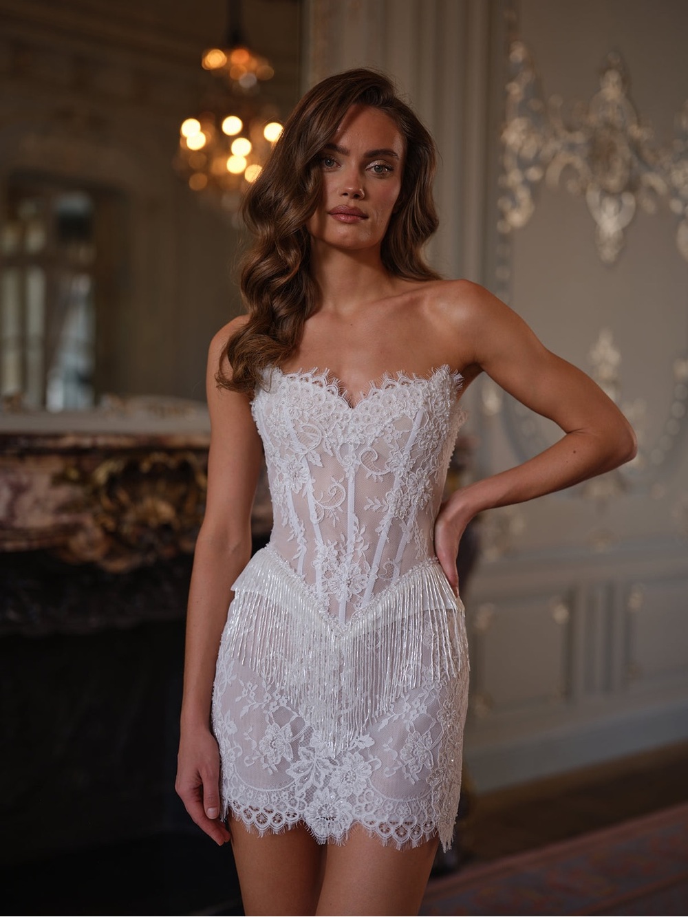 Sienna by Rosie Etienne Elegant White Lace Mini Dress with Fringe